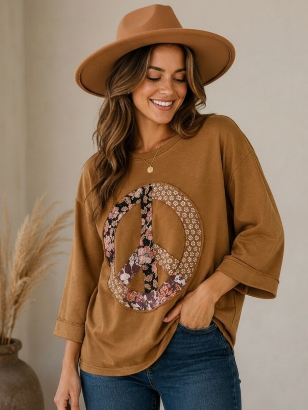 SAGE + FIG Peace Patchwork Hobo Retro Floral Oversized Pullover Boho Sweater Top